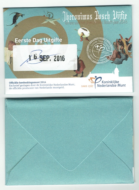 (afbeelding voor) 5 Euromunt NL Jheronimus Bosch vijfje 2016 1e dag uitgifte